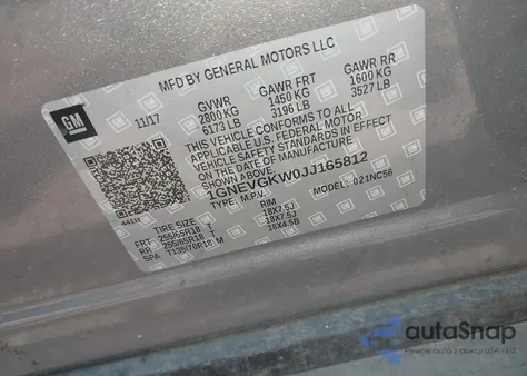 2018 Chevrolet Traverse 1Lt из США, поврежденный, VIN 1GNEVGKW0JJ165812